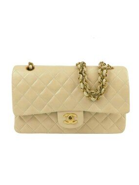 Chanel Chain Shoulder Bag Light Beige Gold Lambskin Quilted Double Flap